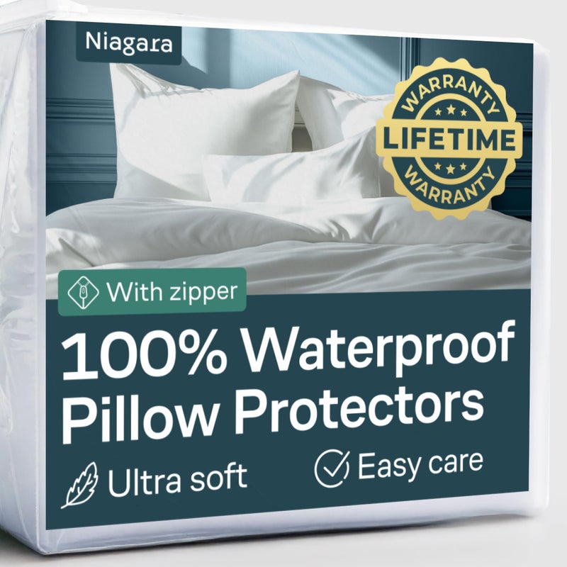 Niagara Sleep Solution Niagara 4 Pack Waterproof Pillow Protectors Queen 20x30 Inches Smooth Zipper Premium Encasement Covers Quiet Cases Set White - Image 1